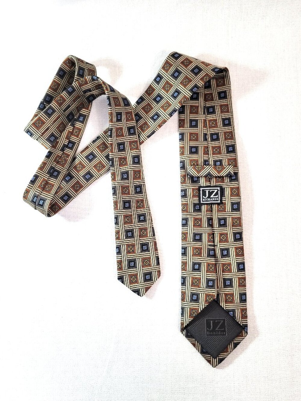 JZ Richards Boulder Mens Silk Tie Geometric Woven Blue Brown Gold USA Made